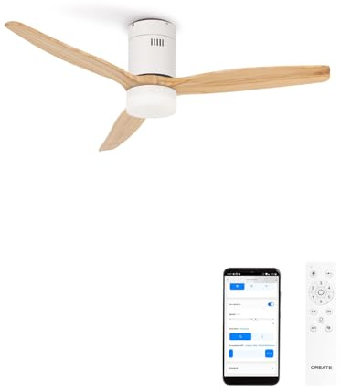 CREATE / WINDCALM M/Deckenventilator ABS mit Beleuchtung Weiß Hellesholzflügel-Optik mit WLAN und Fernbedienung/Leise, 40W, Ø132cm, Timer von 1 bis 4 Std., Sommer-Winterbetrieb