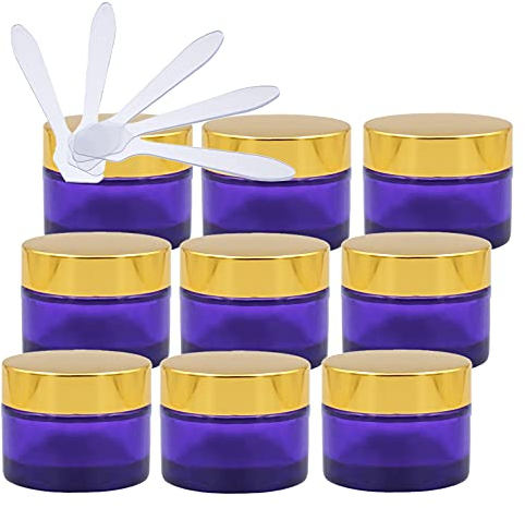 ZEOABSY 12 Stück Leere Lila Glas Cremedose 50ml mit Gold Schraubdeckel, Lilaglas Schraubdose Glas-Tiegel Glas-Dose Salbentiegel Kosmetik-Dose für Gels Cremes + 12x Spatel
