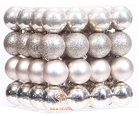 Sea Team - Paquete de 64 Adornos de Bolas de Navidad con Cuerdas, 40 mm/1,57 Pulgadas, tamaño Mediano, Bombillas de Navidad de plástico irrompible, Decoraciones Colgantes para árbol de Navidad