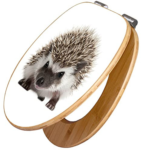 banjado Design WC Sitz Bambus Absenkautomatik 45,8x37,5cm / Toilettendeckel mit Absenkautomatik Holz/hochwertiger Bambus Klodeckel/WC-Sitz für gängigen Toiletten/Motiv Igel
