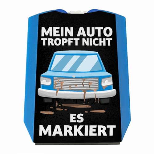 Auto tropft Nicht - es markiert Parkscheibe in blau mit 2 Einkaufswagenchips Witzige Parkuhr für Schrottkarren kaputte Autos die Öl verlieren lustiger Spruch Rost alt Ölflecken