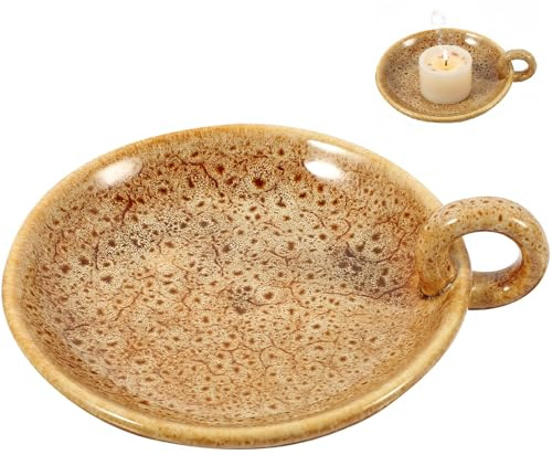 Veemoon Vintage Ceramic Candlestick Holder Farmhouse Candle Tray with Handle Round Pottery Sage Burning Plate Table Aromatherapy Holder for Spa Meditation Home Decor (5.7 * 1.7Inch, Khaki)