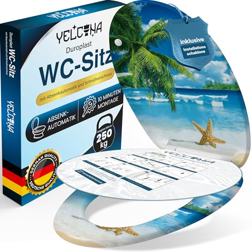 YELCONA Toilettendeckel Mit Absenkautomatik | WC Sitz Mit Absenkautomatik | Klodeckel Mit Absenkautomatik | Antibakteriell, UV-Beständig, Quick-Release Installationsschablone (Sandstrand&Starfish)