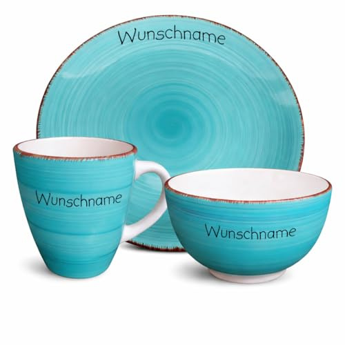 Doriantrade Frühstücksservice 3-tlg. Tasse Teller Müslischale Keramik Türkis personalisierbar mit Wunschname Name Geschirr mit Namen personalisiert