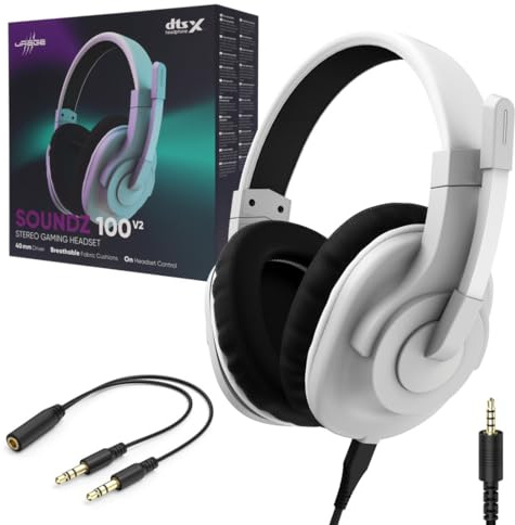 uRage Gaming-Headset SoundZ 100 V2, kabelgebundene Multi-Plattform Kopfhörer für PS4/PS5/PC/Xbox/Laptop/Smartphone, Over-Ear, in weiß