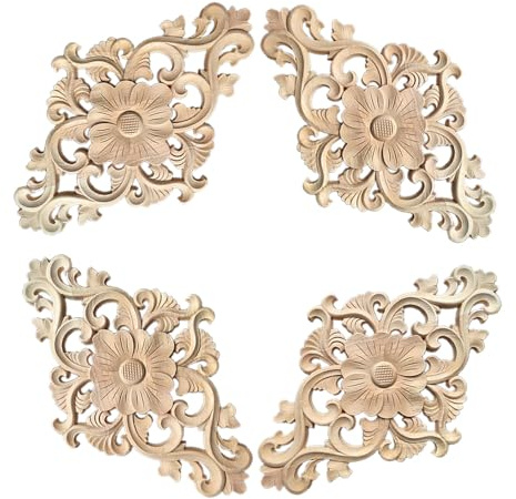 Gativs Ornament Onlay Applique Frame 4 Stück Schnitzerei Ornament Applique Geschnitzt Holz Dekorativ Holz Ornamente Schrank Möbel Wand Ecke Deko Verzierung für Schrank Tür Fenster