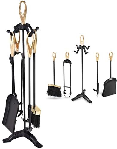 GiantexUK 5-Piece Fireplace Companion Set, Wrought Iron Fire Place Tools Set with Stand, Tong, Shovel, Brush & Poker, Fireside Wood Burner Coal Stove Accessories (Gold + Black, 4 Hooks, 3-Point Base)