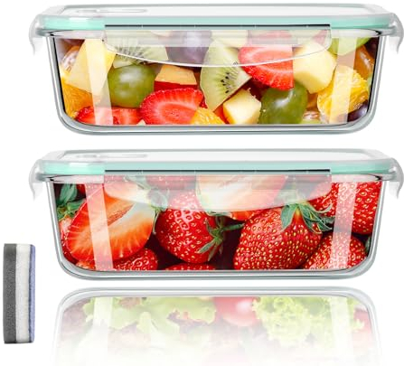 LNWSN Aufbewahrungsbox Küche, Frischhaltedosen, Vorratsdosen Glas mit Deckel Set, Spülmaschinen, Mikrowellen & Gefrierschrankfreundlich - Auslaufsicher, BPA-frei, 2er 640 ML und 1 Reinigungsschwamm