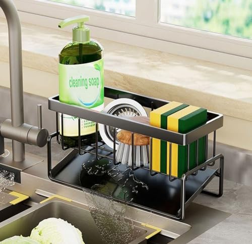 Spülbecken Organizer, Schwammhalter Küche Edelstahl, Küchen Organizer Schwammhalter Mit Selbstentleerender Ablaufwanne, Klebstoff Arbeitsplatte Dual-Use, Spüle Organizer für Küche und Badezimmer