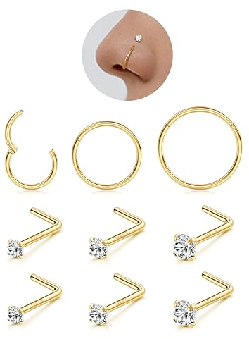 LOLIAS 9Pcs Nasenpiercing Chirurgenstahl Damen Herren 6/8/10MM 14K Gold Nasenpiercing Ring Nasenpiercing Stecker Septum Ringe Nose Nostril Piercing Nasenstecker Nasenring Piercing 20G