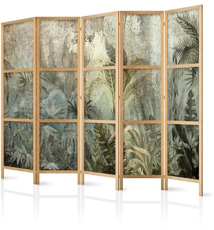 murando - Paravent Raumteiler Holz Blätter, 225x172 cm, 5-teilig, modern | Mobiler Sichtschutz, sofort einsatzbereit, Holzrahmen, ideal fürs Wohnzimmer oder Büro, geruchsneutral, lichtbeständig