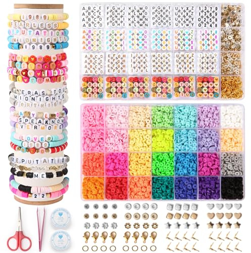 WECUTE Perlen zum Auffädeln, 6700+ Perlen Set, 6mm Polymer Clay Perlen für Armbänder, 2 Boxen Selber Machen mit Buchstaben, für Ringen Halsketten Geschenk (28 Farben)