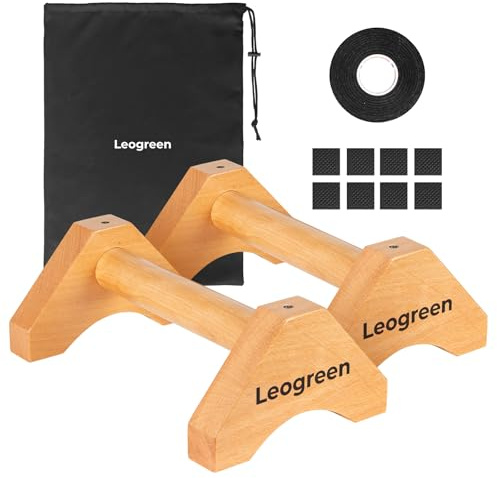 Leogreen Holz Liegestützgriffe 30 cm, 2 Calisthenics Parallettes | mit Antirutschmatte, Antirutschgurten, Aufbewahrungstasche, gelenkschonende Handstand-Griffe für Krafttraining, Fitness