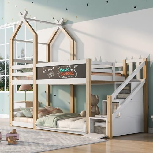 Qiang Cama Infantil con Protección Anticaídas 90X200cm Litera Infantil para 2 Niños,Cama Alta para Niños,2 Somieres,Natural Y Blanco,Sin Colchón,Capacidad De Carga Máxima 120Kg