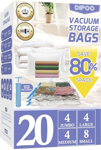 Vakuumbeutel mit Handpumpe, 4 Jumbo/4 groß/4 mittel/8 klein, 80 % platzsparend, stabil, auslaufsicher, platzsparend, Vakuumbeutel für Kleidung, Vakuum-Kompressionsbeutel für Reisen, 20 Stück
