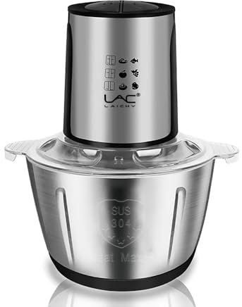 Molinillo de carne de 2 l, procesadores de alimentos picador de verduras con cuenco de acero inoxidable 1000 W eléctrico, 2 velocidades, 4 cuchillas de dos niveles y espátula para alimentos de bebés,