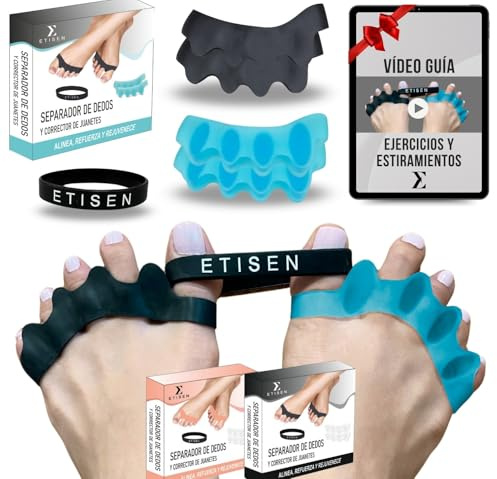 ETISEN, Separadores de Dedos de los Pies, (2 pares = 2 niveles) + Banda Anti-Juanetes, separador dedos pie, espaciador de dedos, corrector de dedos, restaurar los pies, 0% BPA, (Negro y Azul)