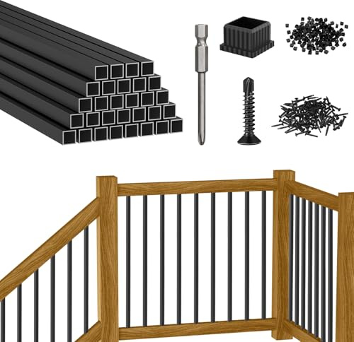 CKE 32 Square Deck Balusters, 3/4 Diameter Hollow Square Aluminum Deck Spindles, 30 Packs Black Aluminum Deck Balusters for Wood and Composite Deck Railings with Screws & Balusters Conectors