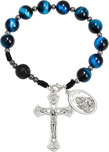Nazareth Store Chapelet œil de tigre fait à la main pour voiture avec médaille de Saint Joseph et croix de Jésus en argent antique pierre volcanique, One Size, Pierre, Pas de gemme