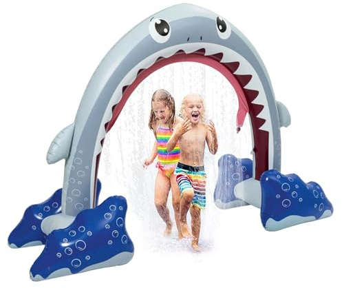 Balakaka Wassersprinkler Kinder 250 x 175 x 95 cm, Hai-Design, Aufblasbare Wasserspiel-Bogen für Kinder, perfekt für Sommer Outdoor Garten