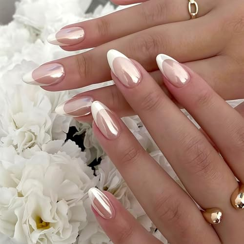 Französische Weiß Falsche Nägel - 24 Stück Aurora Press On Nails Almond - Atmungsaktiv Full Cover Künstliche Fingernägel - Glänzend Perle Kunstnägel Zum Aufkleben für Frauen Mädchen (French Aurora)