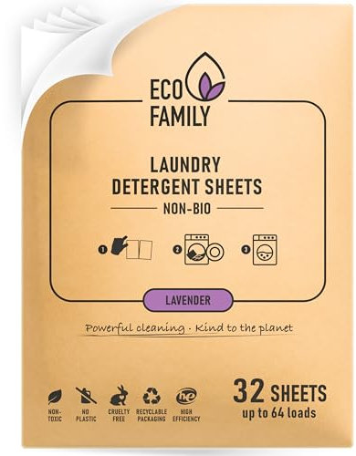 Eco Family Laundry Detergent Sheets Non-Bio | Lavender Scent | 32 Sheets (Up to 64 Washes) | Biodegradable, Vegan, Plastic-Free, Non-Toxic | Cruelty-Free, Eco-Friendly, Removes Tough Stains | HE Safe