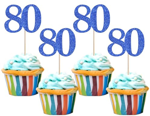 Xsstarmi 36 Pack Number 80 Cupcake Toppers Glitter Cheers to 80 Years Birthday Cupcake Picks Decoration for Happy 80th Birthday Wedding Anniversary Party Cake Decorations Blue