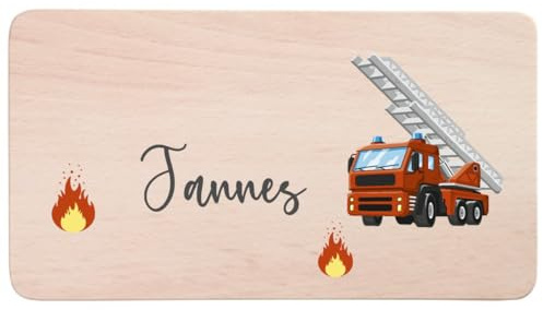 minimutz Brotzeitbrett Kinder mit buntem Aufdruck, Personalisiert mit Name, Frühstücksbrettchen Holz Fahrzeuge, Holzbrett Buche 22 x 12 x 1 cm Feuerwehr Auto