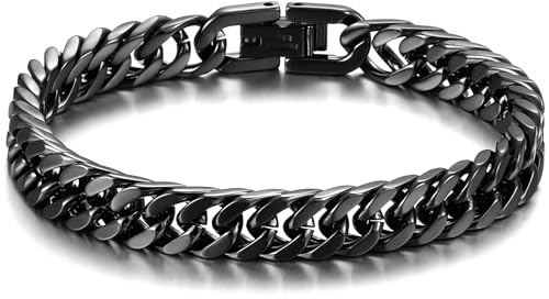 AFSTALR Schwarz Armband Herren Edelstahl Armbänder Panzerkette 8mm Breite Glatt Kubanische Cuban Armreif Men's Bracelets Schmuck Jewellery Geschenk für Männer Jungen 18cm
