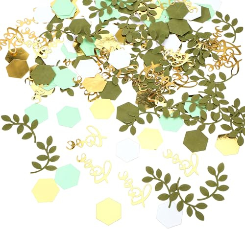200 Pcs Greenery Wedding Table Confetti, Sage Green Hexagon Love and Leaf Confetti Scatter, Table Scatter Dots for Bridal Shower Engagement Party Decor