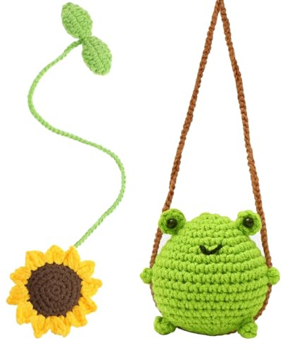 Sunflower and Frog Crochet Hanging Car Accessories, Handmade Crochet Car Pendants, Cute Rear View Mirror Hanging Ornament for Gift or Daily Use