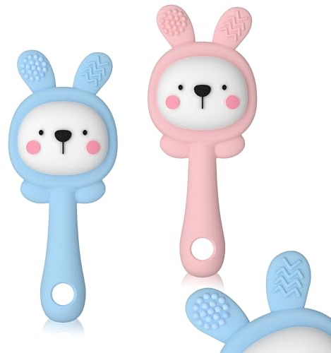 ABirdon Baby Teething Toys, 2PCS Silicone Chew Toys with Easy-Hold Handle & Bell, BPA-Free Sensory Infant Toy for Sore Gums, Age 0-3 Years