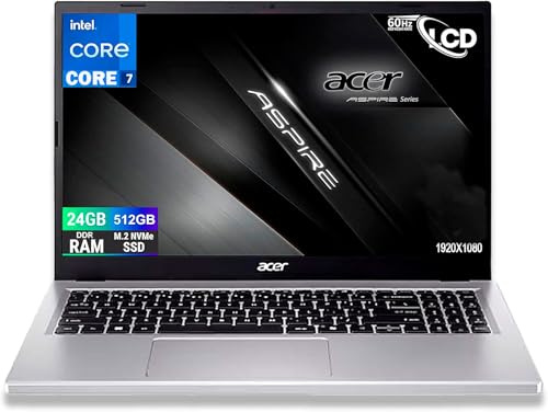Acer Notebook Aspire Silver Intel CORE 7 150U fino a 5,40 GHz, 10 Core, Display FullHD 15,6, RAM 24Gb DDR4 5200Mhz, SSD PCIe NVMe 512 Gb, Wi-Fi6, BT, 2 usb, 2 USB type-c, Windows 11, Configurato