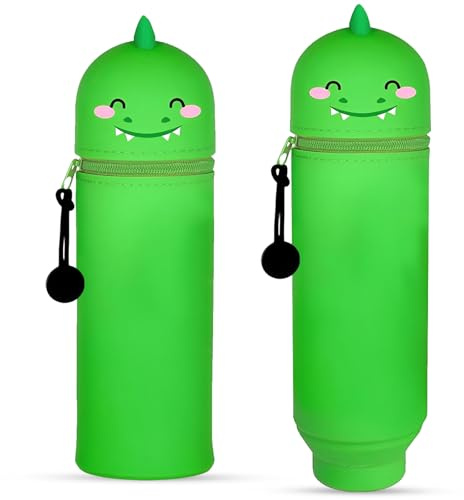 Axinyijia 2025 Neues Kawaii Federmäppchen, 2-in-1 Stand Up Mäppchen Silikon, Tier Stifthalter Panda Capybara Katze Bär Weiche Silikontasche für Mädchen Jungen (Dinosaurier)