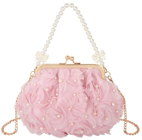 Pandalein Damen Blumen Clutch Seide Abendtasche Brauttasche Kleidertasche Handtasche mit Perlen Henkel Kette für Hochzeit Wedding Prom Party