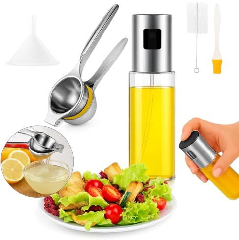 NAKOSITE Presse Agrumes Professionnel [Kit 5-en-1] avec Spray Huile Cuisine, Pinceau cuisine, Entonnoir & Goupillon bouteille – Anti-Rouille – Pour Citrons, Oranges & Cocktails – Facile à Nettoyer