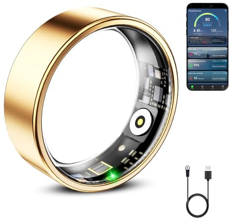Mirlray Smart Ring for Women & Men, Smart Ring Health Tracker, Blood Oxygen & Heart Rate Monitor, Long Lasting Battery Sleep Ring, Waterproof Fitness Ring (Gold, 9)