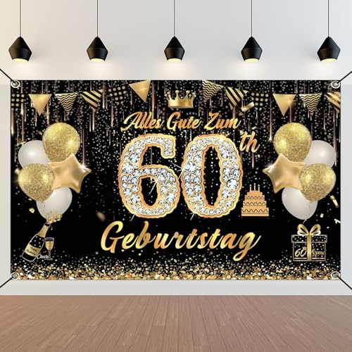 60. Geburtstag Banner, Schwarz Gold 60 Jahre Geburtstag Deko Mann Frau, 60. Geburtstag Hintergrund Banner, 60. Geburtstagsbanner für Party Deko, Alles Gute zum 60 Geburtstagbanner, 180x110cm