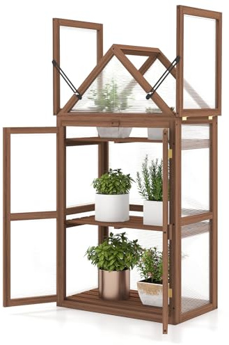 GOPLUS Mini Gewächshaus, 3-stöckiges Anzuchthaus, Treibhaus Holz, erhöhtes Pflanzenbeet mit transparentem Doppeltüren & aufklappbarem Dach, Frühbeet Tomatenhaus Aufzuchtschrank für Garten, Hof, Balkon