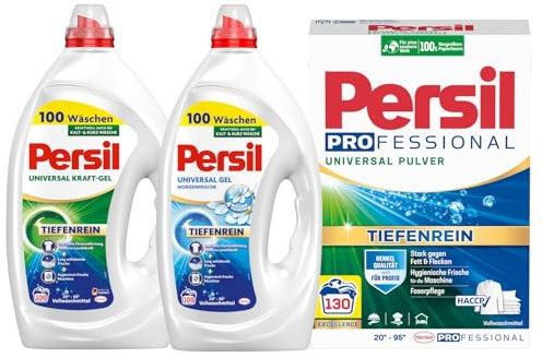 PERSIL Universal Kraft-Gel Morgenfrische 100 WL 4,5 L + Pulver Universal Professional 130 WL 7,8 kg + Kraft-Gel Universal 100 WL 4,5 l – XXL Waschmittel Set für große Wäschemengen