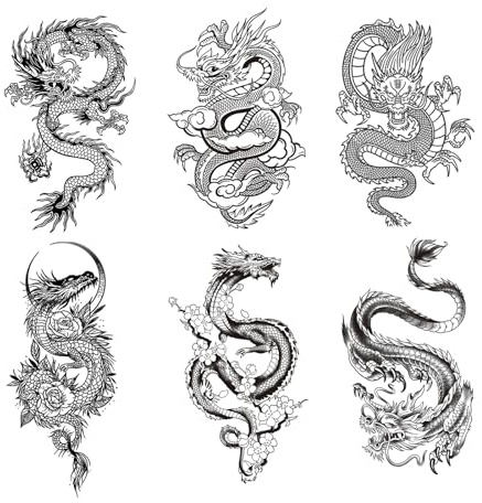 Qiwenr 6 Feuilles Tatouage Temporaire de Dragon, Tatouages ​​Dragon Noir pour Homme Femme, Tattoo Temporaire, pour Halloween, Cosplay, Fêtes, Pâques, Concerts, Décoration