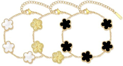 ZhouWei 3 stycken fyrklöver armband dam, armband klöverblad smycken guld justerbar lyckoarmband armband armband förgyllt armband, för bröllop födelsedag lyckosmycke, 22 cm, Rostfritt stål