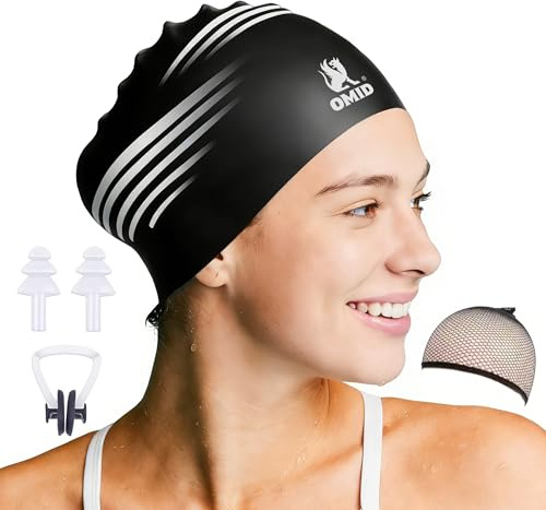 OMID Waterproof Swim Cap for Women with Long Hair - Chemical Resistant Silicone Swimming Cap, UV Protection for Pool Beach, Fits Dreadlocks and Thick Hair (Black)
