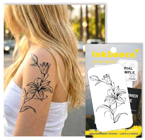 InkDance Semi-Permanent Tattoo, Lily, Cute Flower, Long Lasting Temporary Tattoos, Waterproof Plant-Based Ink, Lasts 1-2 Weeks, Color Develops in 24 Hours D337