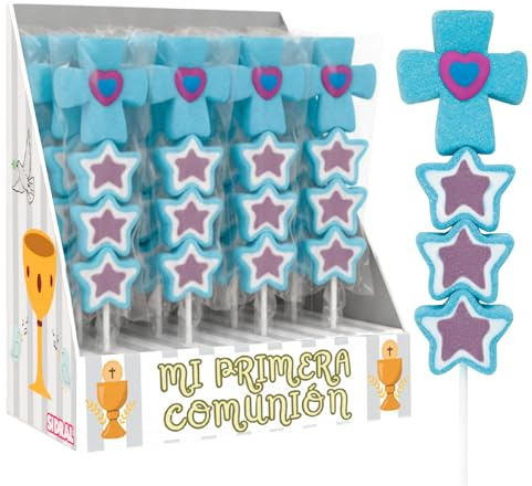 Primera Comunión Pinchos Estrellas con Cruz, Sabor Fresa, Sin Gluten, 16 Piruletas, 720 gr, Chuches