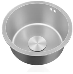 Mini fregadero de cocina de acero inoxidable redondo con escurridor y rebosadero de 28 cm para bar y restaurante, acabado gris, diseño compacto