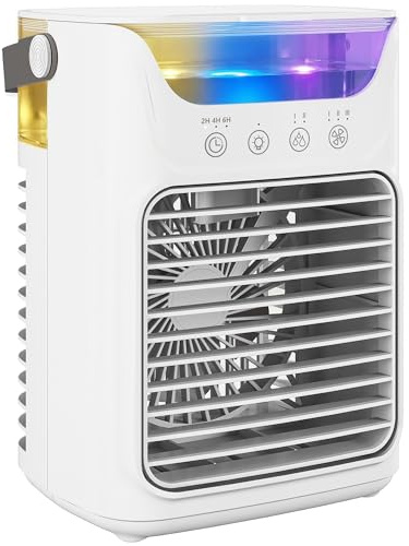 HOMCOM Ventilatore da Tavolo 21cm con Testa Regolabile, 3 Velocità, Ventilatore Piccolo da Scrivania con Serbatoio Acqua 700 ml, Luce RGB, Timer 6H, per Camera da Letto, Casa e Ufficio