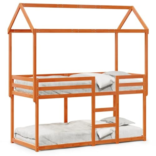 mtlskopl Etagenbett mit Dach Wachsbraun 90x190 cm aus massiver Kiefer Massivholz Kojenbett für Kinder Jugendbett Spielbett mit Leitplanken platzsparend für kleine Zimmer