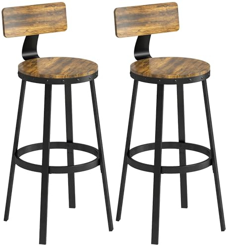 HOMCOM Set 2 Sgabelli Bar, Sgabelli Cucina Alti Industriali con Schienale, Poggiapiedi, Seduta Alta 73.8cm, Struttura in Metallo, Sedie Bar Alte, per Penisola, Sala da Pranzo, Bancone, Marrone Rustico