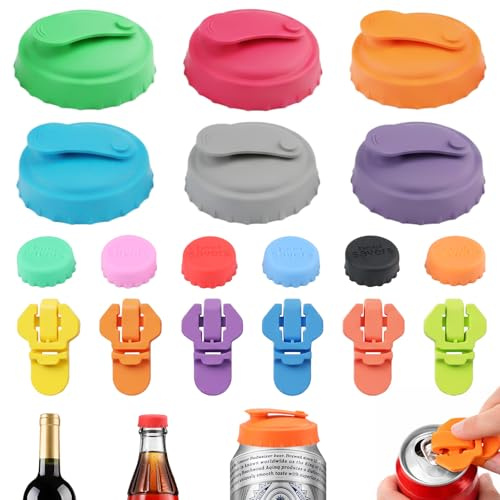 12 Pcs Silicone Can Covers for Fizzy Drinks, 6 Pcs Tin Openers | Reusable Can Lids, Manual Easy Ring Pull Openers, for Standard Size Coke, Beer,Soda